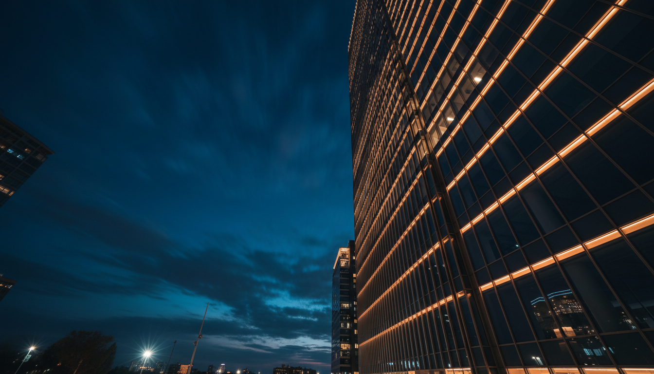 Modern glass skyscraper at night illuminated with warm 3000K facade lighting against deep indigo sky
